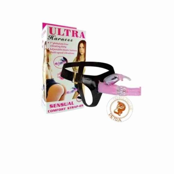 Ultra Harness Rabbit : se ajusta fácilmente en la cintura, cuenta con un dildo en silicona color Rosado que se sujeta de un anillo al arnés